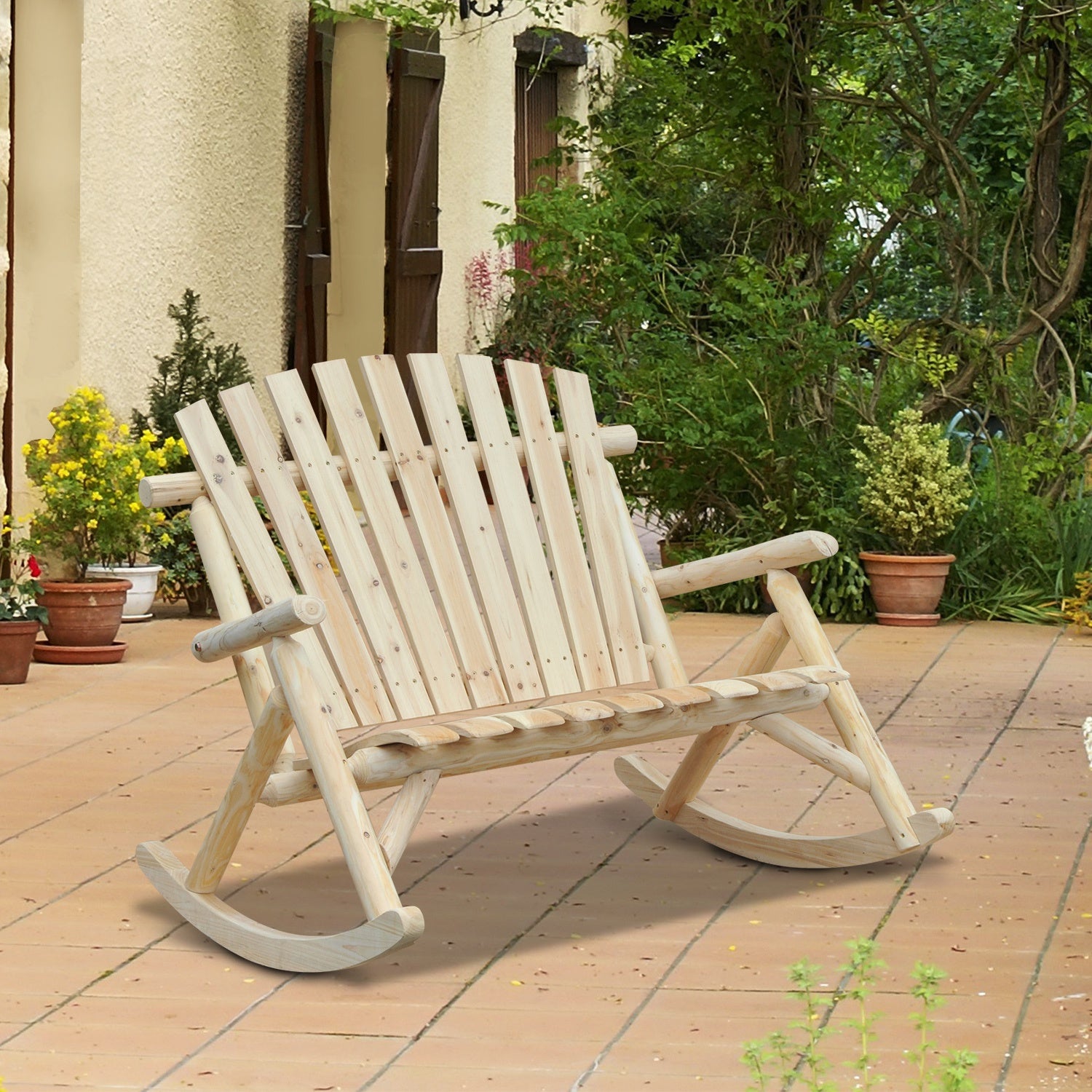 Suzicca 2 Person Fir Wood Rustic Outdoor Patio Adirondack Rocking Chair Bench