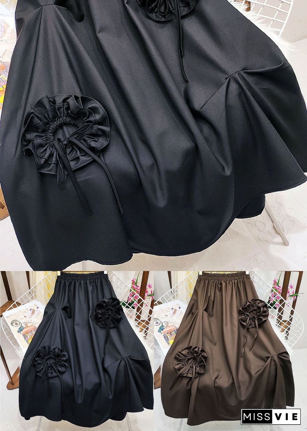 Classy Black Elastic Waist Cinched Cotton Skirt Spring