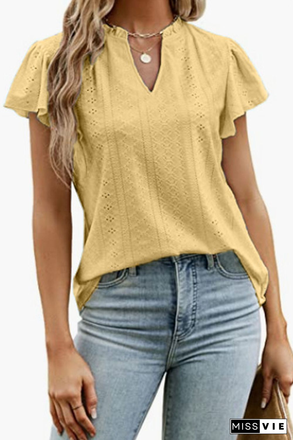 Eyelet Pattern Frilled Split Collar Ruffles Sleeves Tee