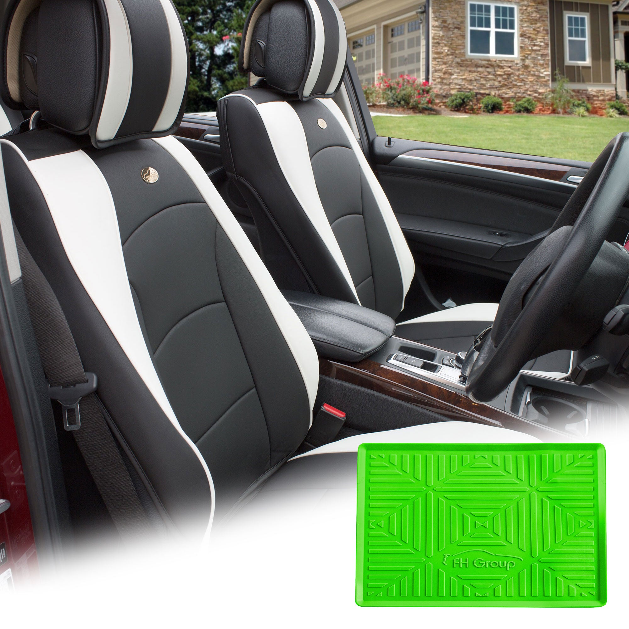 FH Group Black White Leatherette Front Bucket Seat Cushion Covers for Auto Car SUV Truck Van with Green Dash Mat Combo