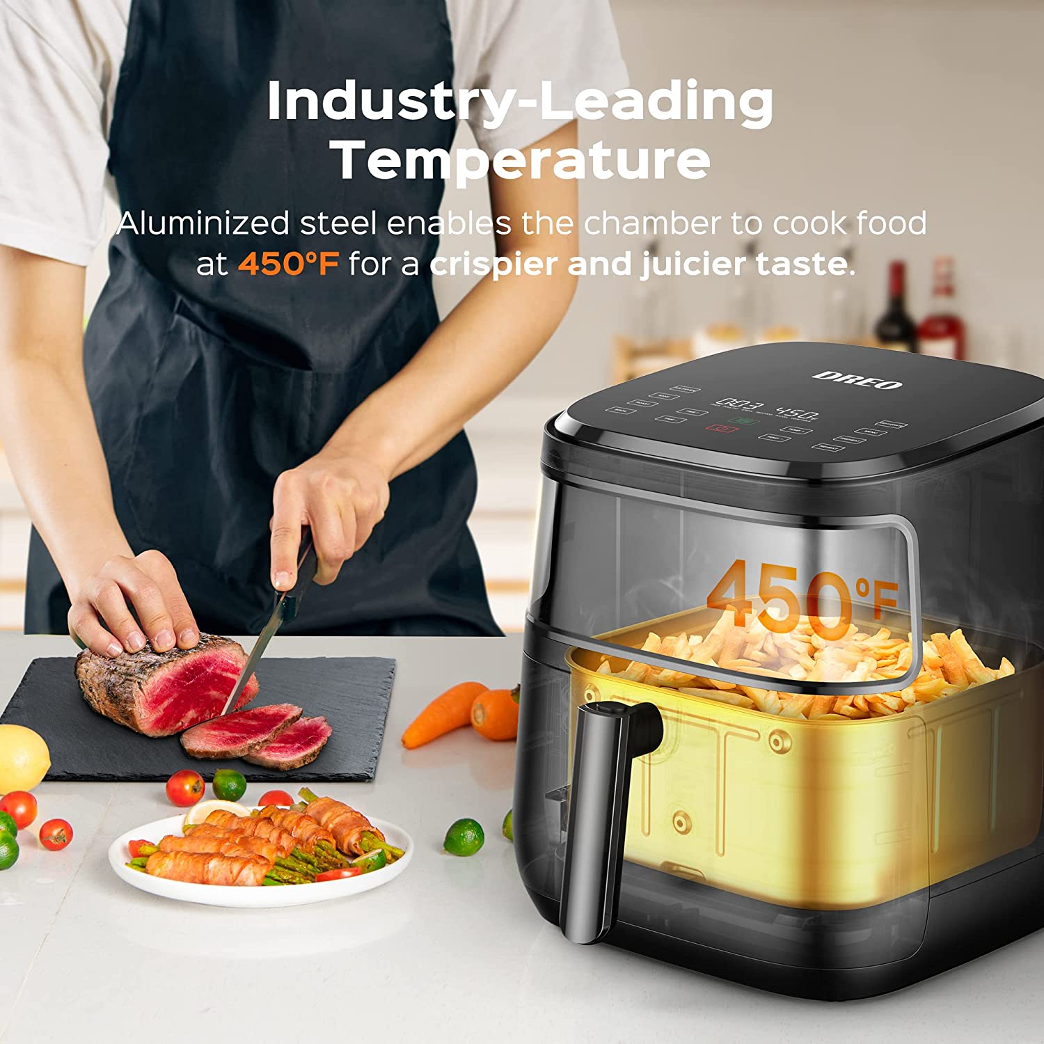 Dreo Air Fryer Pro Max， 11-in-1 Digital Air Fryer Oven Cooker with 100 Recipes， Visible Window， Supports Customerizable Cooking， 100℉ to 450℉， LED Touchscreen， Easy to Clean， Shake Reminder， 6.8QT