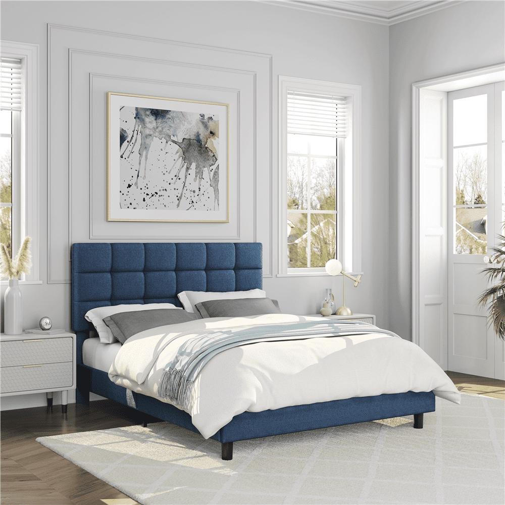 Easyfashion Modern Platform Bed with Wooden Support Slats and Tufted Headboard Navy Blue Full  Crowdfused