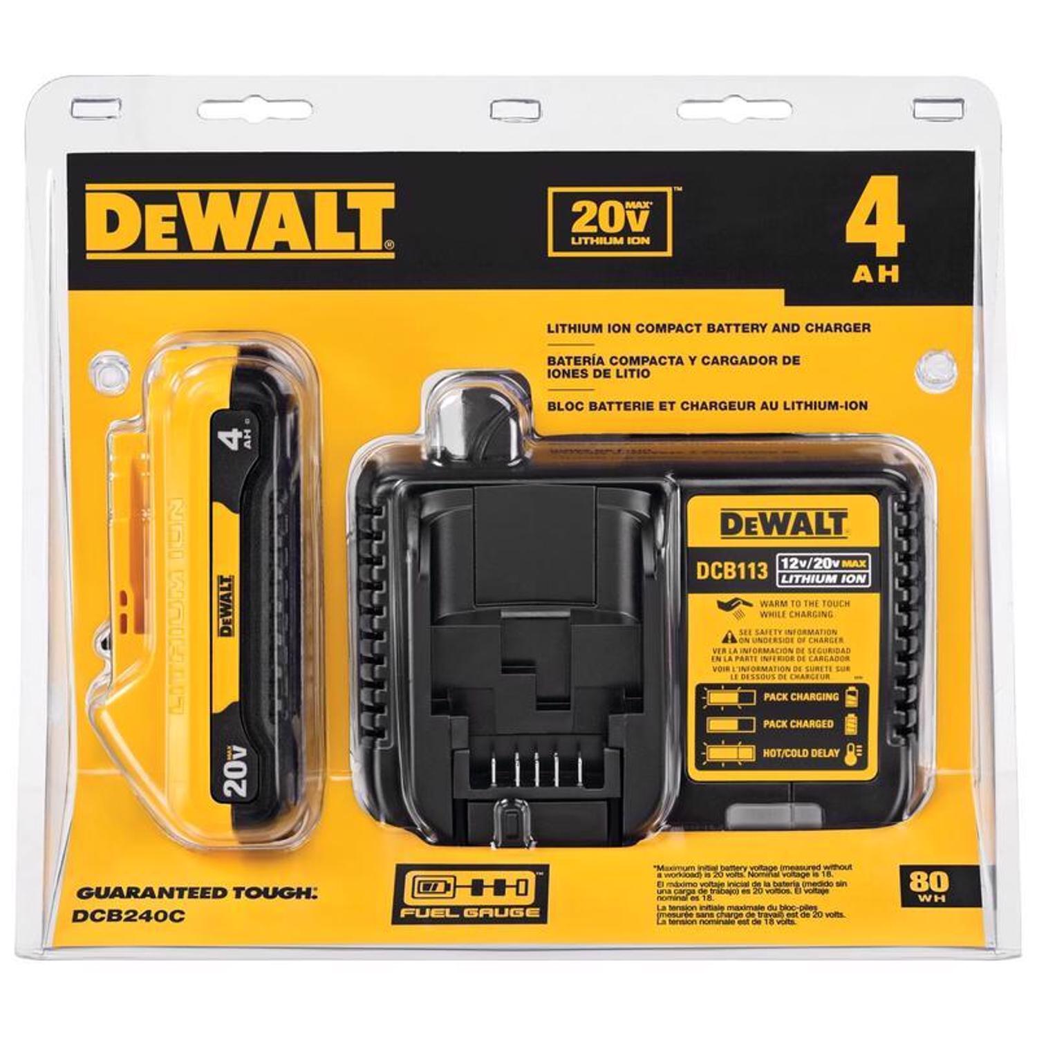 DW 20V MAX DCB240C 20 V 4 Ah Lithium-Ion Compact Battery and Charger Starter Kit