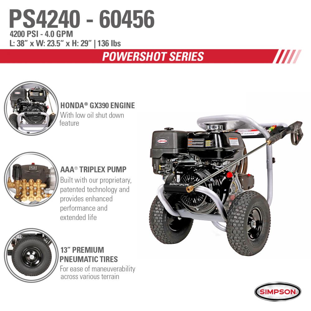 PowerShot 4200 PSI at 4.0 GPM HONDA GX390 with AAA Industrial Triplex Pump Cold Water Professional Gas Pressure Washer (49-State) ;