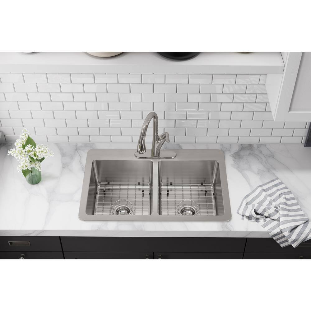 Elkay Avenue Drop-inUndermount Stainless Steel 33 in. 5050 Double Bowl Kitchen Sink with Bottom Grid and Drains VBTHD168