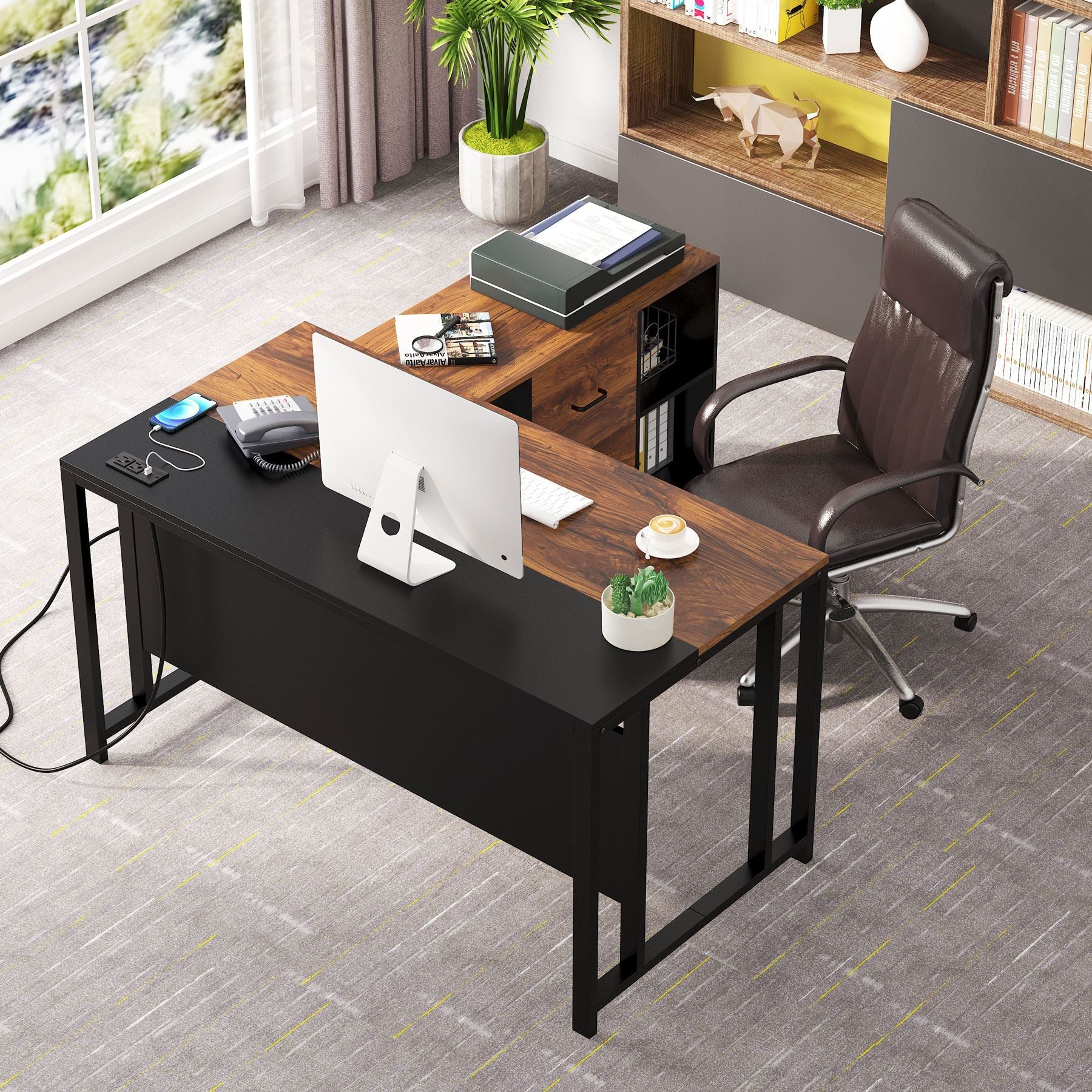 L-Shaped Desk with Power Outlet, 55