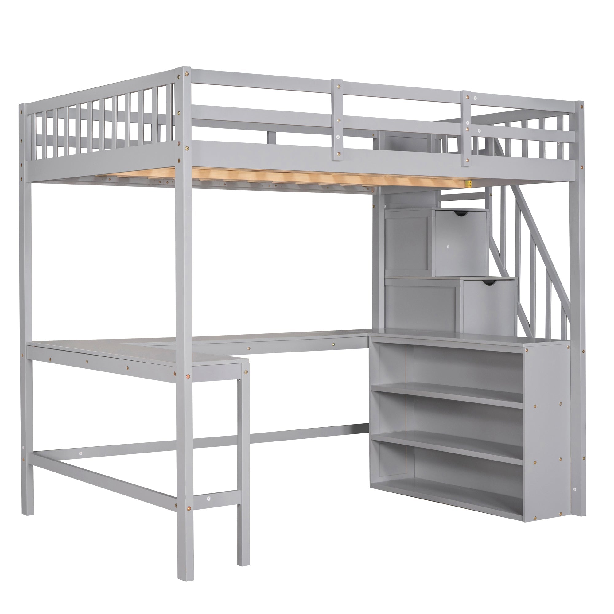 Wood Full Loft Bed with Desk, Shelf and Storage Staircase for Kids, Gray