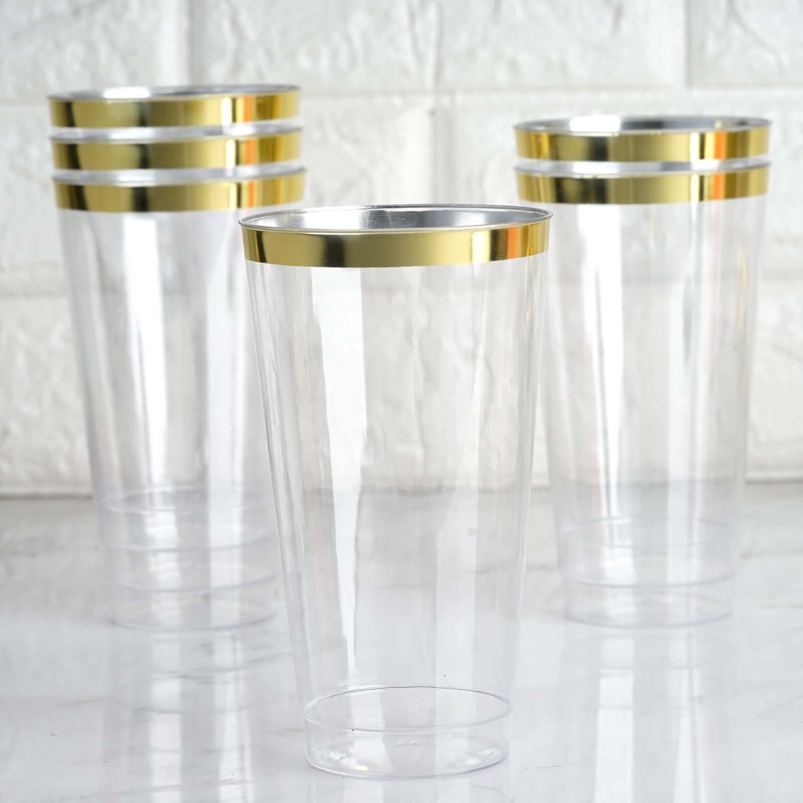 12 Pack Tall Gold Rim Clear Plastic Cups, Disposable Party Glasses 17oz