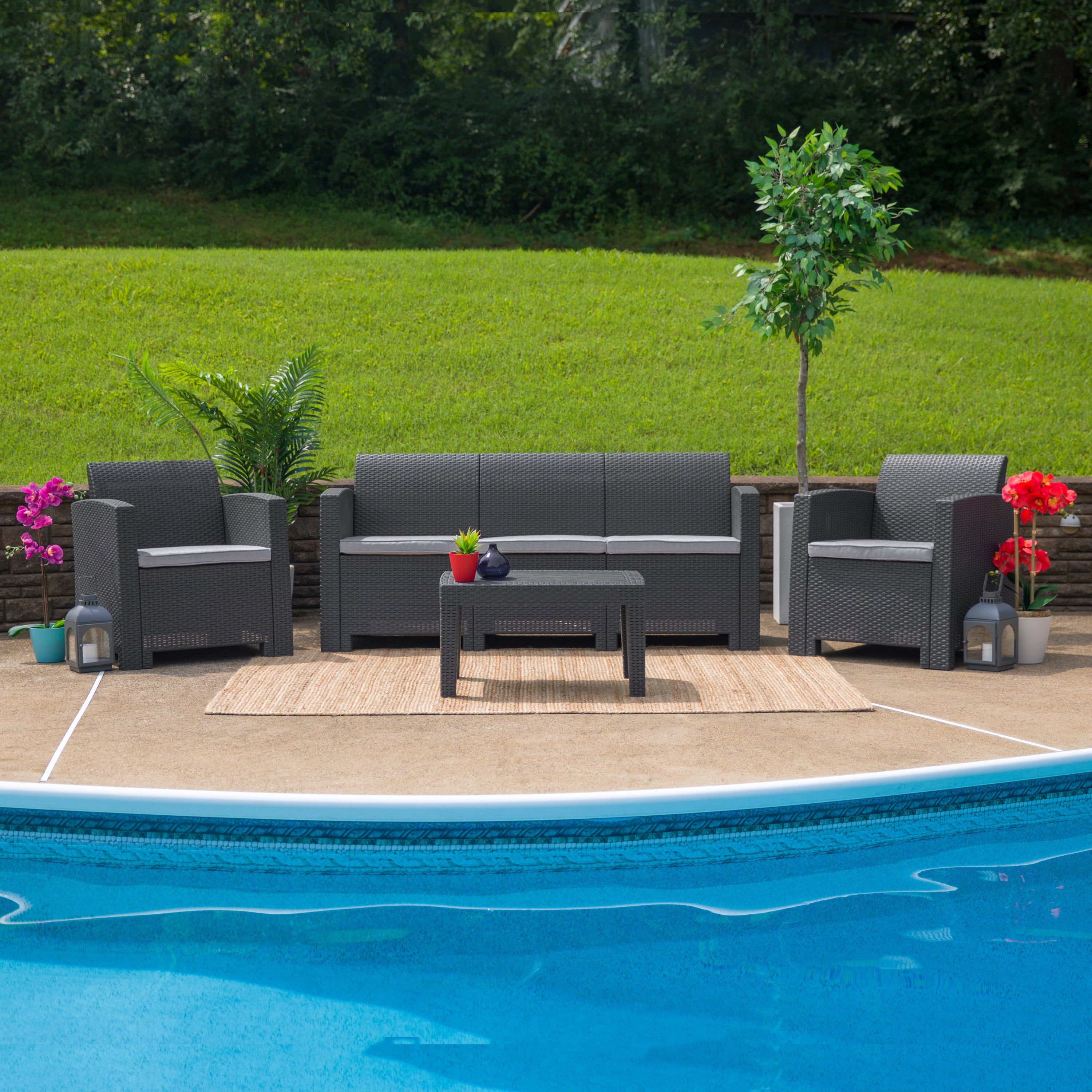 Flash Furniture Seneca 4 Piece Outdoor Faux Rattan Chair, Sofa and Table Set in Seneca Dark Gray