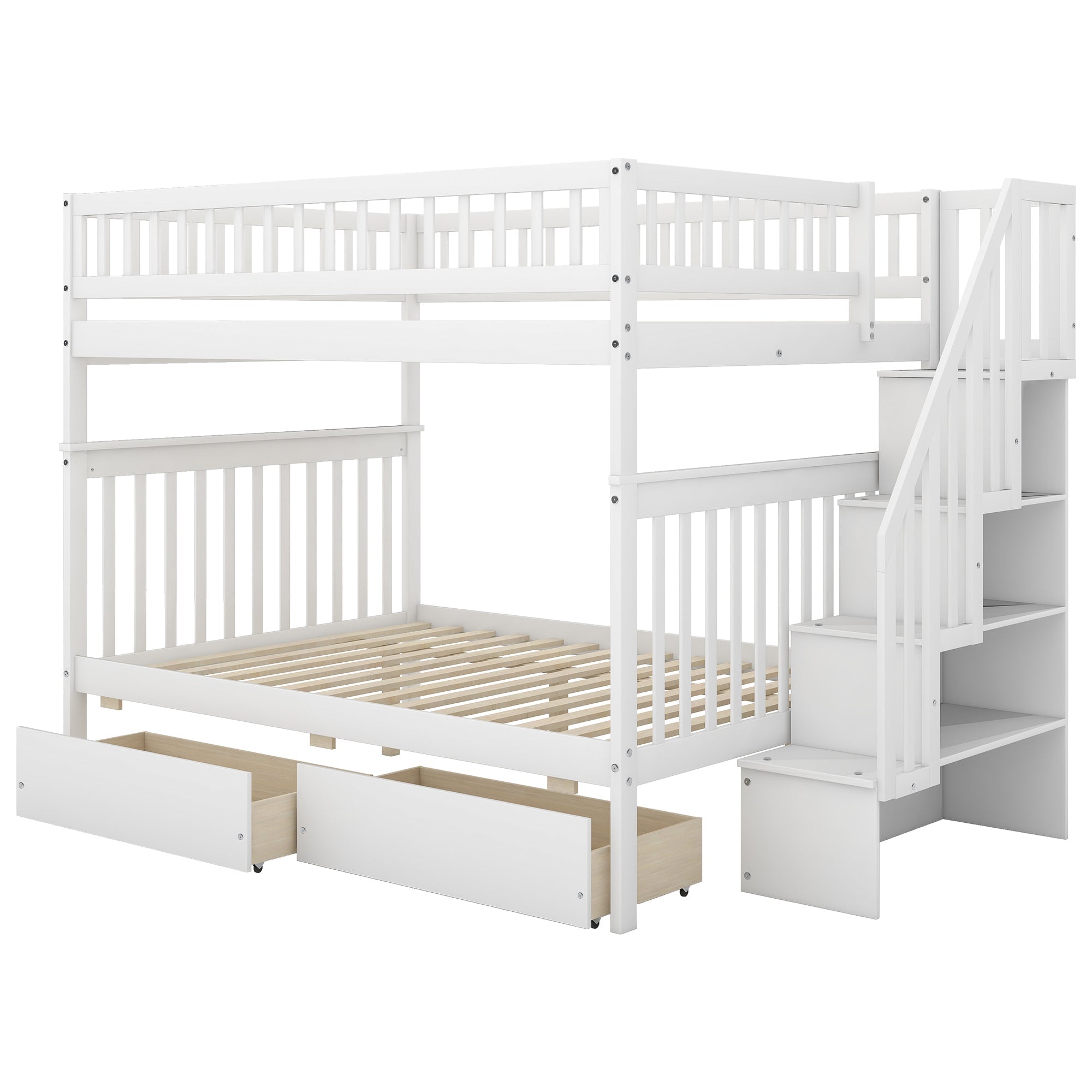 Euroco Full Over Full Bunk Bed with Storage Shelves and Drawers for Kid's Room