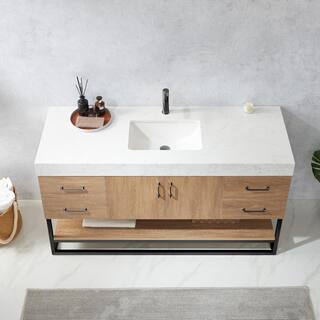 ROSWELL Alistair 60B in. W x 22 in. D x 33.9 in. H Single Sink Bath Vanity in North American Oak with White Grain Stone Top 889060BS-NO-GWN