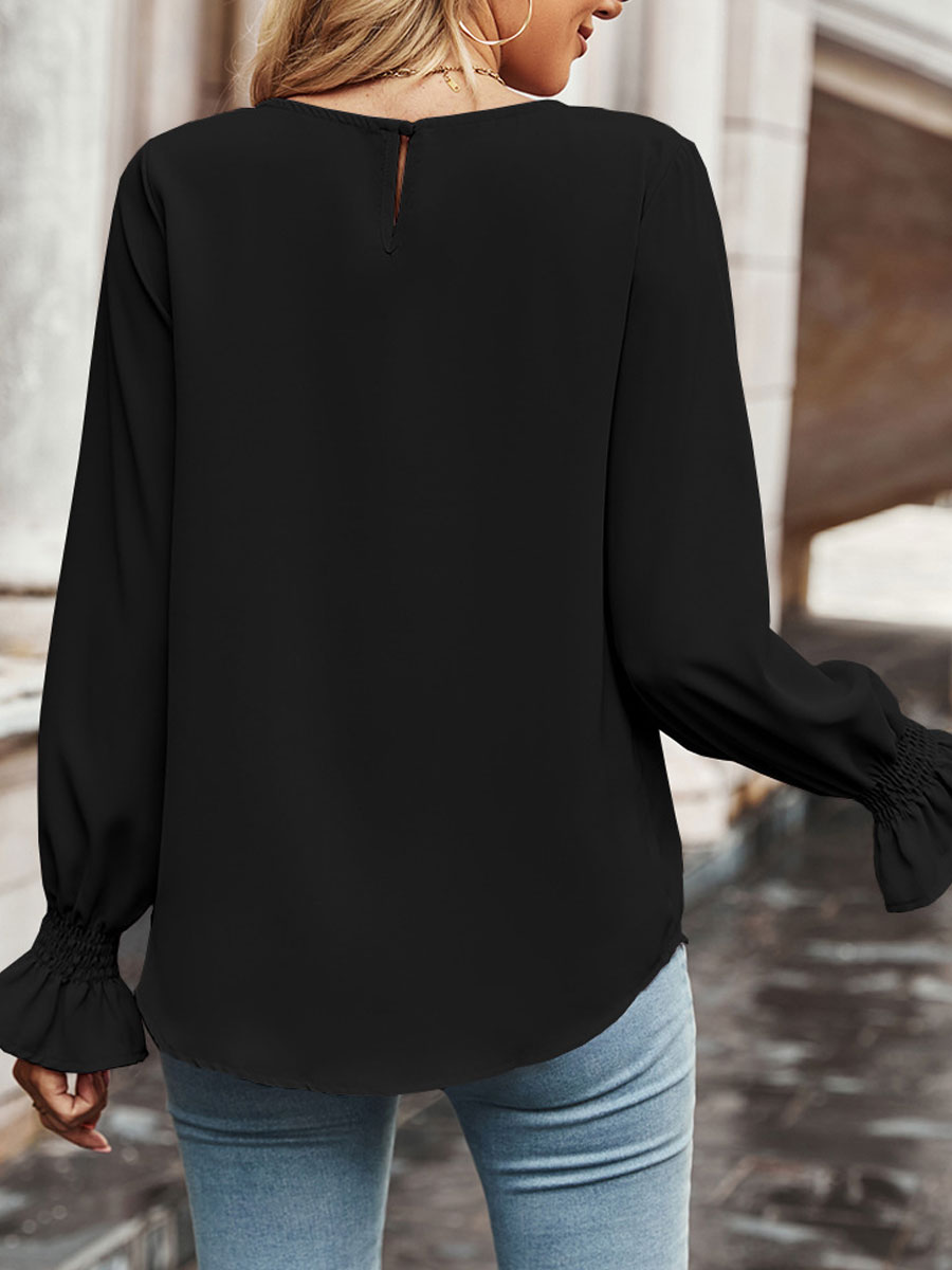 Round Neck Casual Loose Solid Color Long Sleeve Blouse