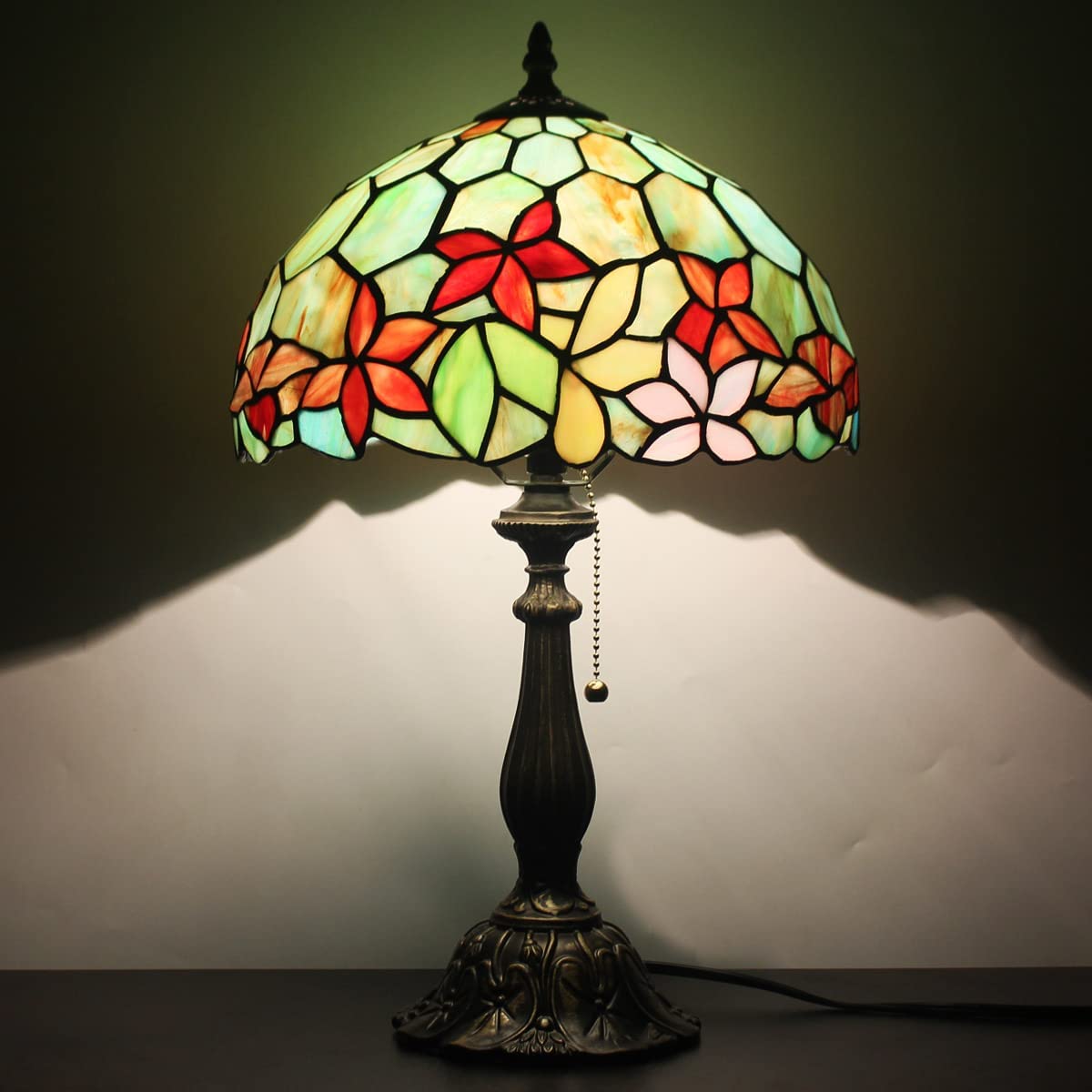 SHADY  Style Table Lamp W12H19 Inch Stained Glass Flower Antique Bedside Nightstand Desk Reading Lamp Work Study Desktop Light Decor Home Kids Bedroom Living Room Office Pull Chain