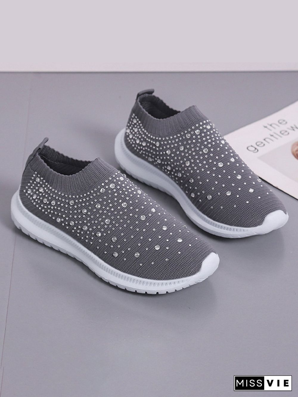 Rhinestone Design Portable Overfoot Lightweight Flyknit Sneakers