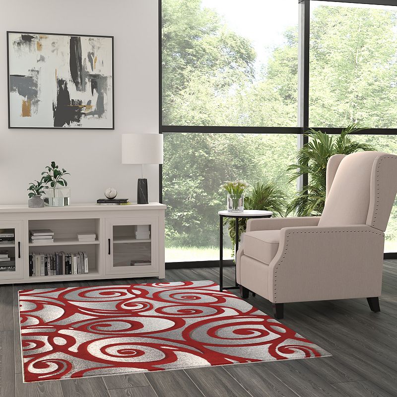 Masada Rugs Masada Rugs DaVincii Collection 5'x7' Red， White and Gray Modern Woven Area Rug， Hand Carved Sculpting -Design D241