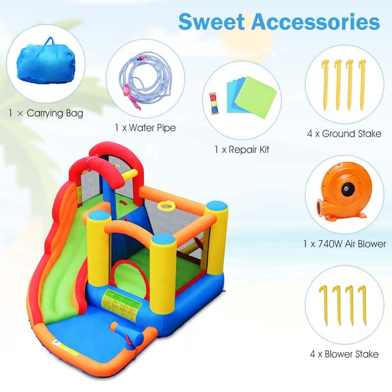 6-in-1 Kids Water Slide Bouncy Castle Inflatable Water Bounce House with Trampoline, 740W Air Blower