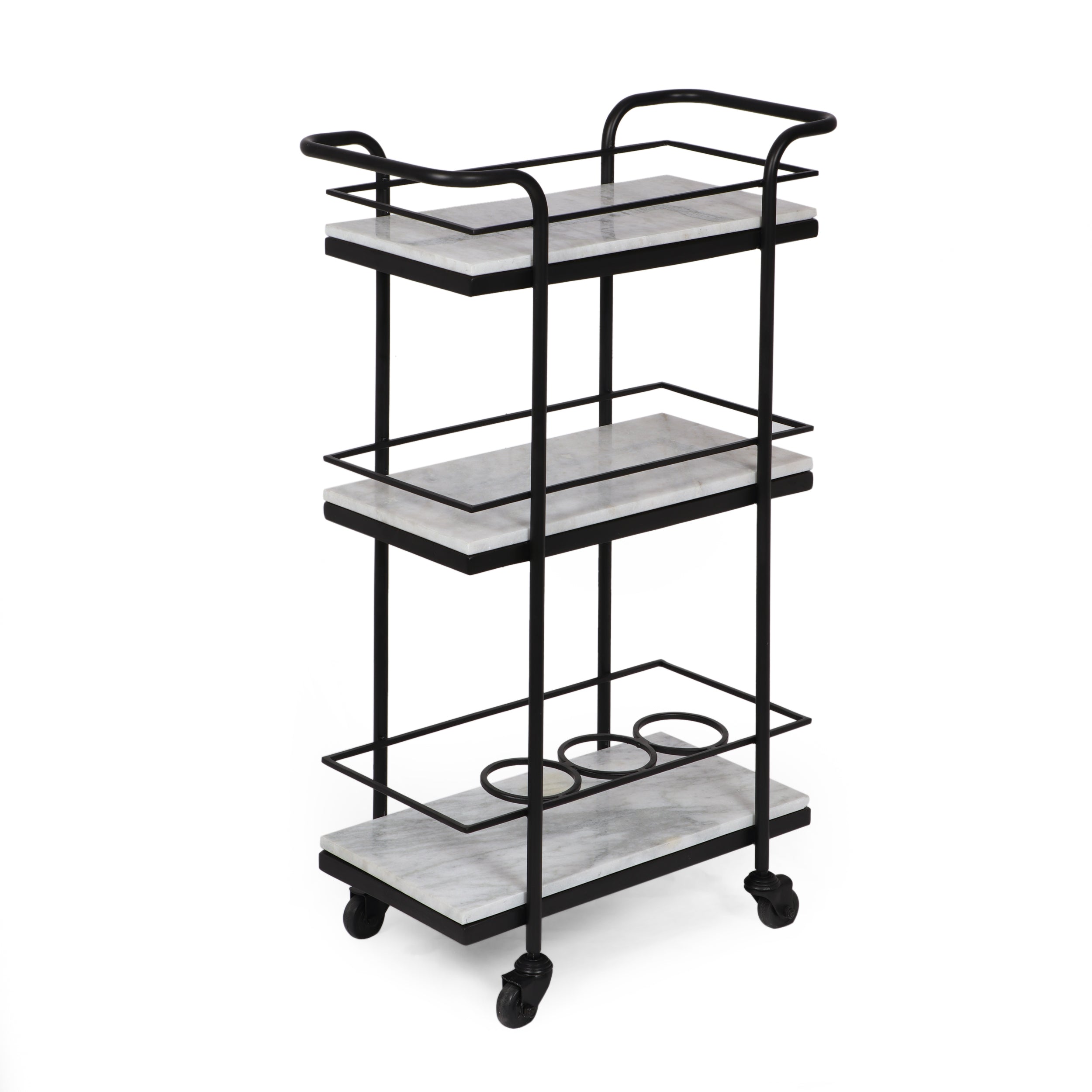 Maria Modern Glam 3 Tier Bar Cart with Marble Shelving, Black and White