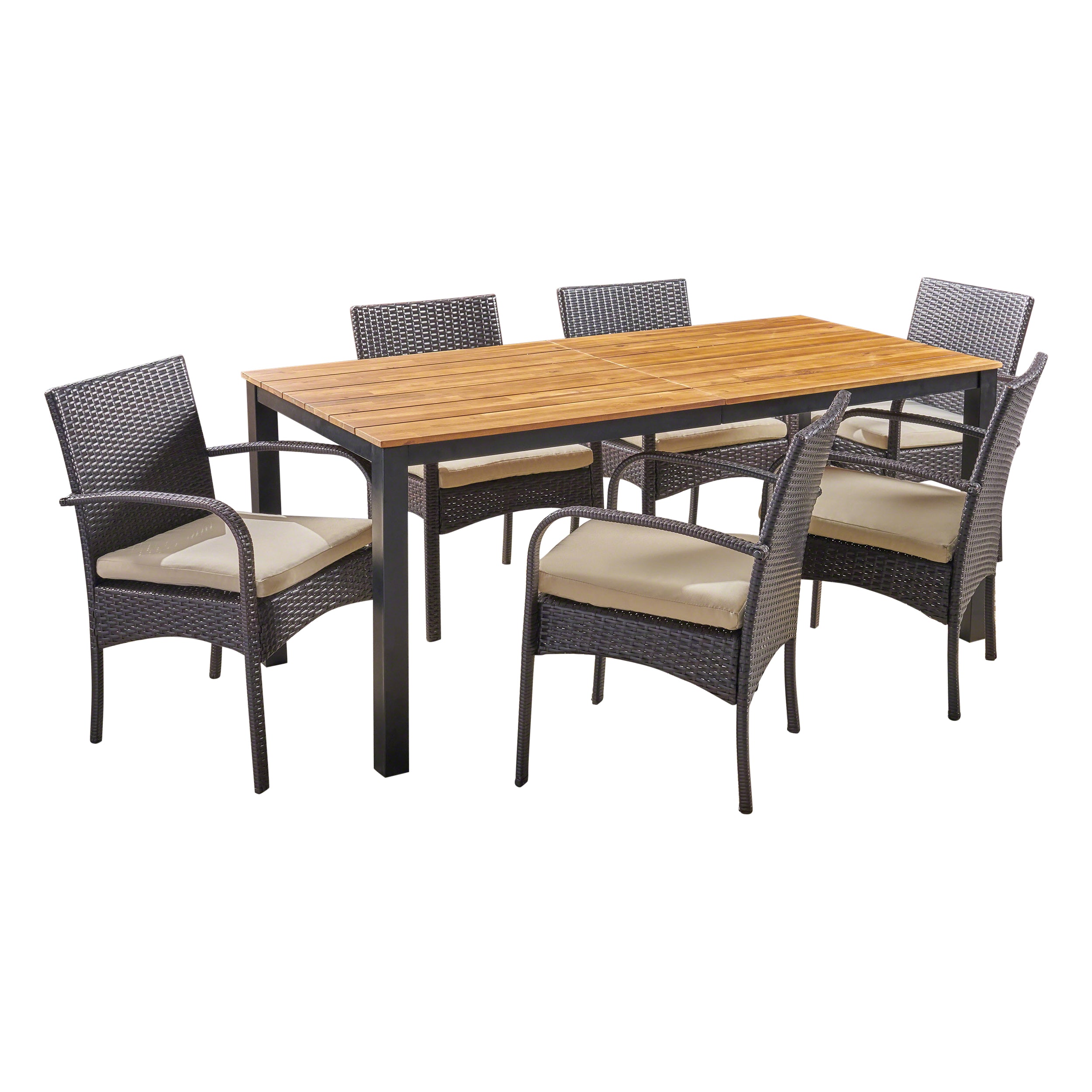 Nicole Outdoor 7 Piece Acacia Wood Dining Set with Wicker Chairs, Teak and Multi Brown and Cream