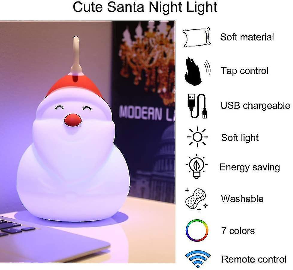 Santa Claus Night Light， Tap And Remote Control Led Christmas Lights 7 Color Modes Rechargeable Sili