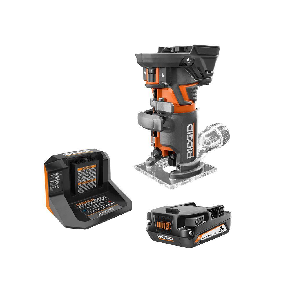 RIDGID 18V OCTANE Brushless Cordless Compact Fixed Base Router Kit w Bit Bases 18V Lithium-Ion 2.0 Ah Battery and Charger R860443B-AC9302