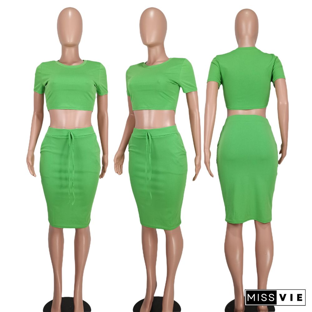 Short Sleeve T-Shirts Crop Tops Midi Skirts 2 Piece Set