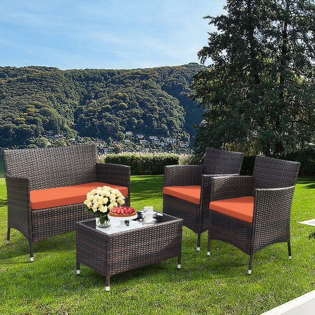 Tangkula 4pcs Patio Rattan Conversation Furniture Set Outdoor W Orange Cushion