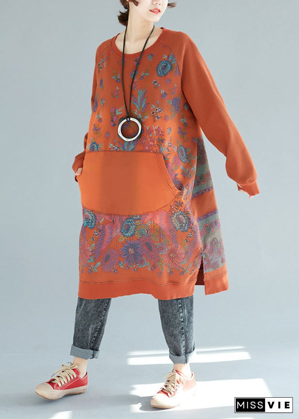 Organic Orange Pockets Patchwork Print Cotton Dresses Spring