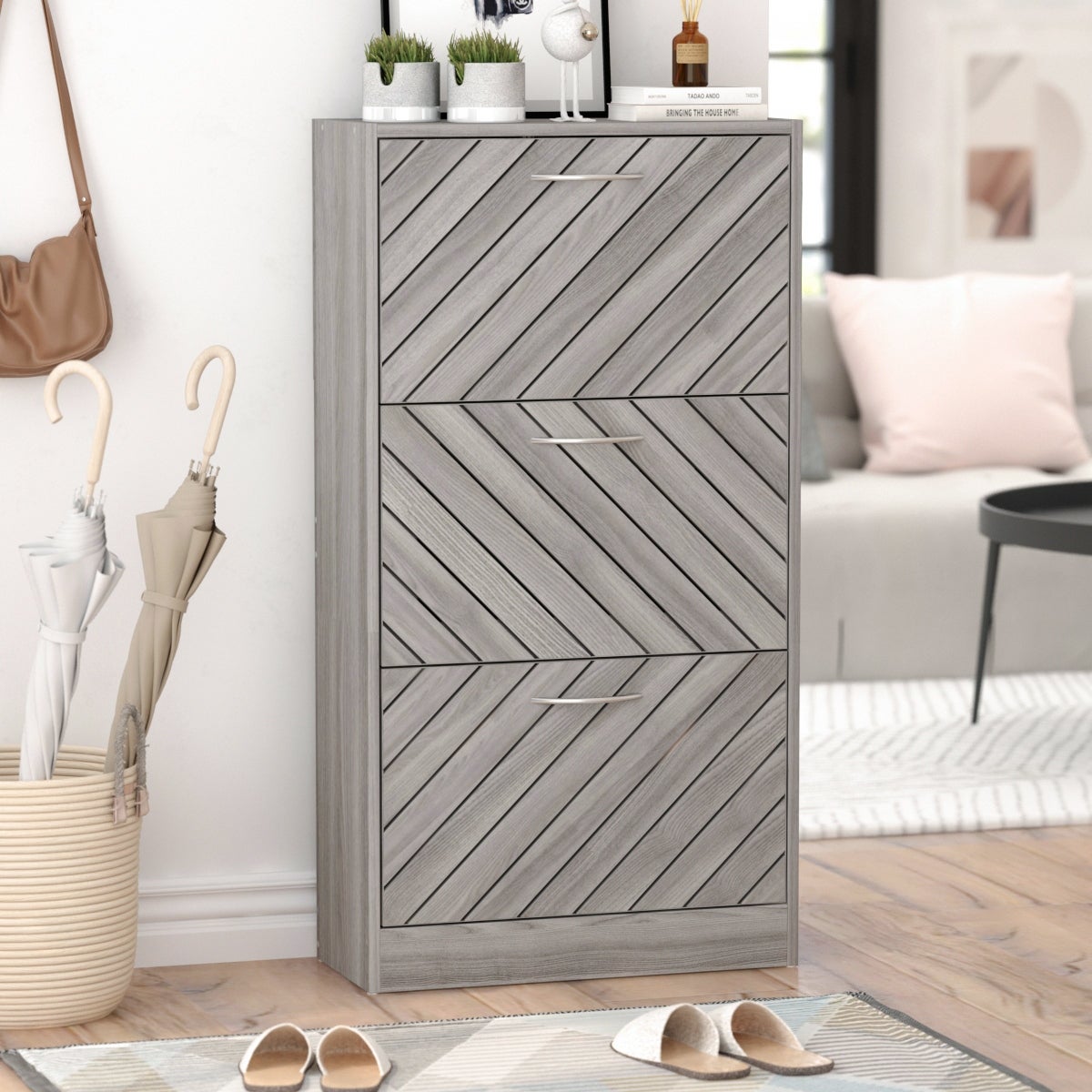 FAMAPY 12 Pair Shoe Storage Cabinet with 2 Drawers， Wood Grey - - 35372764