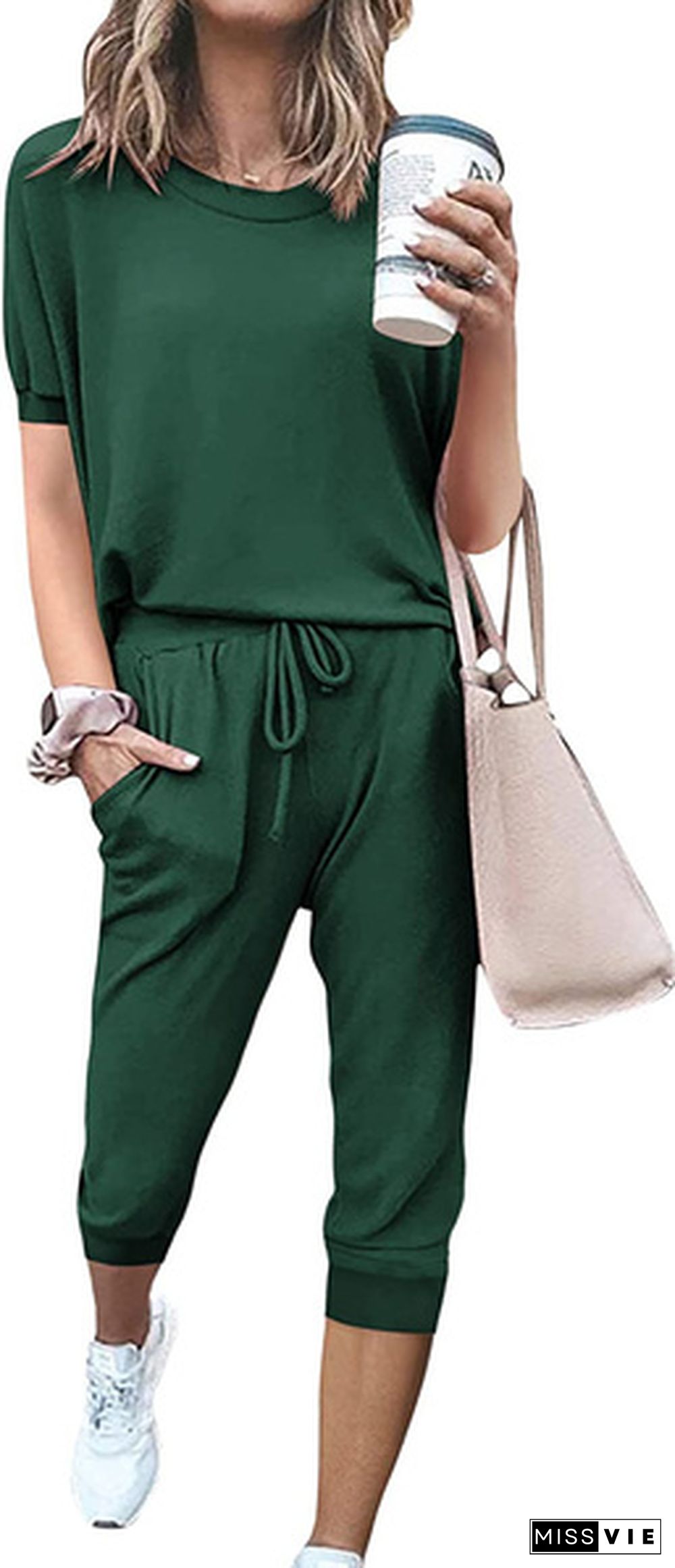 Women’S Solid Color Two Piece Outfit Short Sleeve Crewneck Pullover Tops And Drawstring Shorts Tracksuits