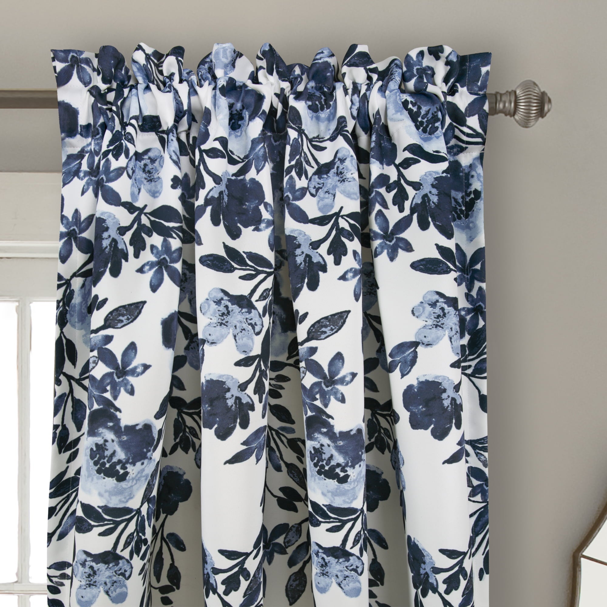 Lush Decor Tanisha Room Darkening 95" x 52" + 2" Header Floral Navy 3" Rod Pocket Pair Window Panel Curtain