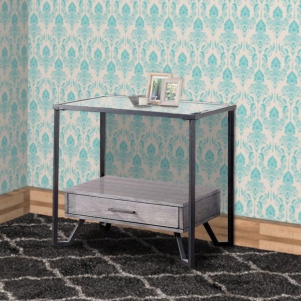 24 Inch Metal End Table with Glass Top and 1 Drawer - 24 H x 22 W x 24 L Inches