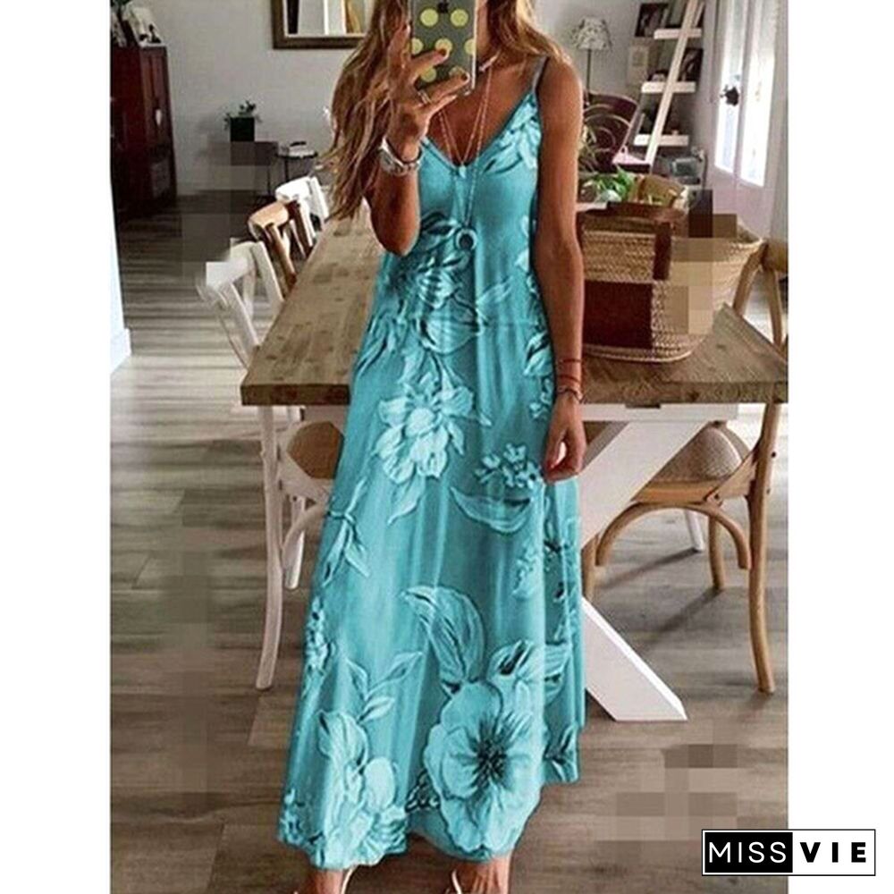 XS-8XL Plus Size Fashion Dresses Summer Clothes Women's Casual Spaghetti Strap Sleeveless Dress V-neck Long Dresses Ladies Loose Cotton Dress Floral Printed Halter Beach Wear Party Dress