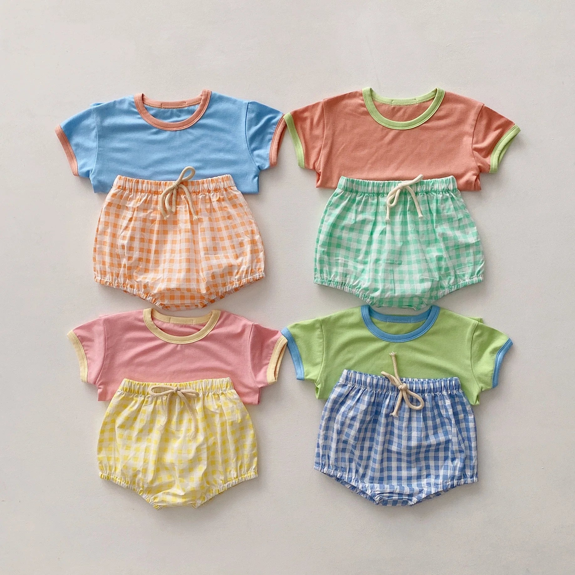 Infant Newborn Girls Boys Summer Short Sleeve Patch Top Tees Plaid Bottoms Kids Baby Clothing Cotton Sets 2pcs 0-24M