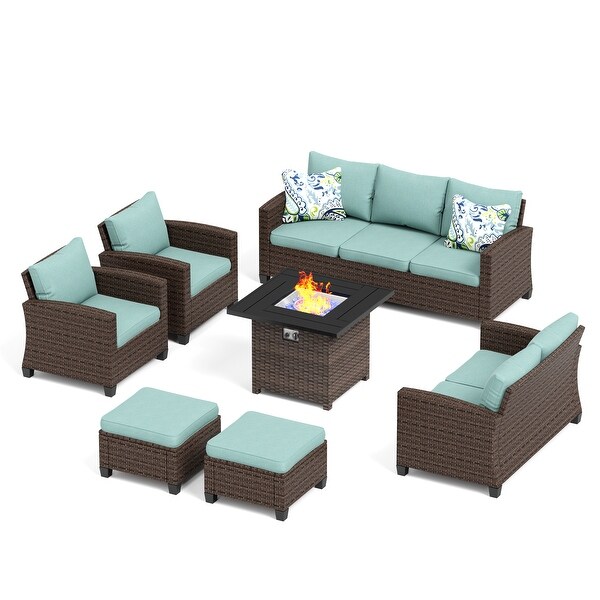 9Seat Patio Furniture Wicker Rattan Outdoor Highback Sectional Sofa Conversation Set with Firepit Table