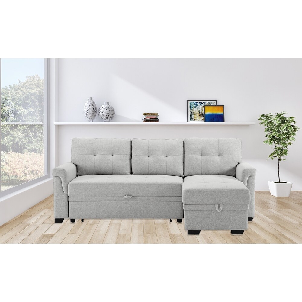 Solid Wood Frame Reversible Sleeper Sectional Linen Sofa with Storage Chaise and Foam Filled eat Cushions and Pull out Sleeper