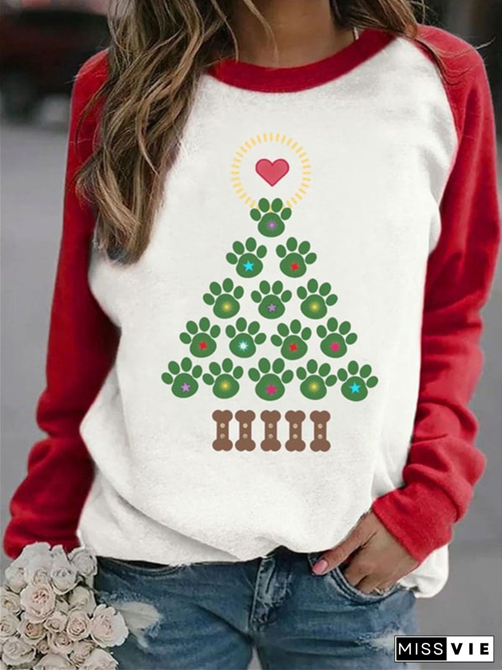 Dog Paw Christmas Tree Colorblock Sweatshirt