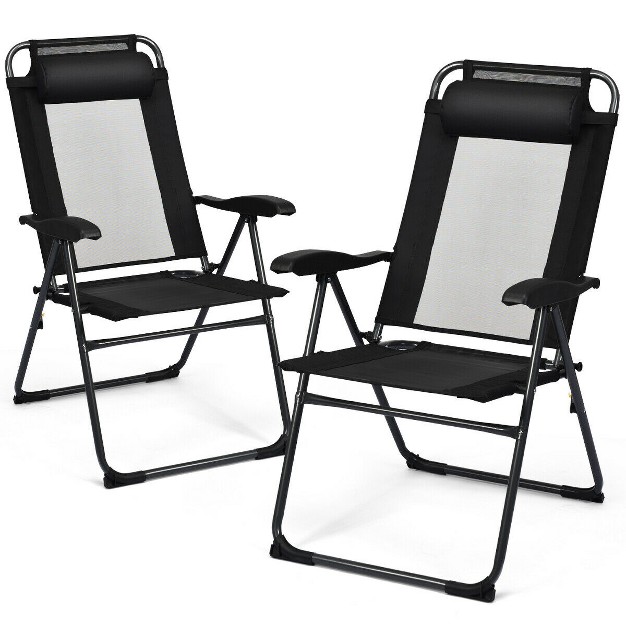 Costway 2pc Folding Chairs Adjustable Reclining Chairs With Headrest Patio Garden Grey black