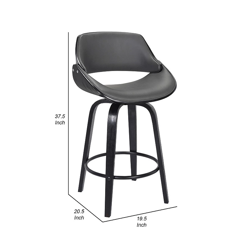 26 Inch Leatherette and Wooden Swivel Barstool， Black and Gray