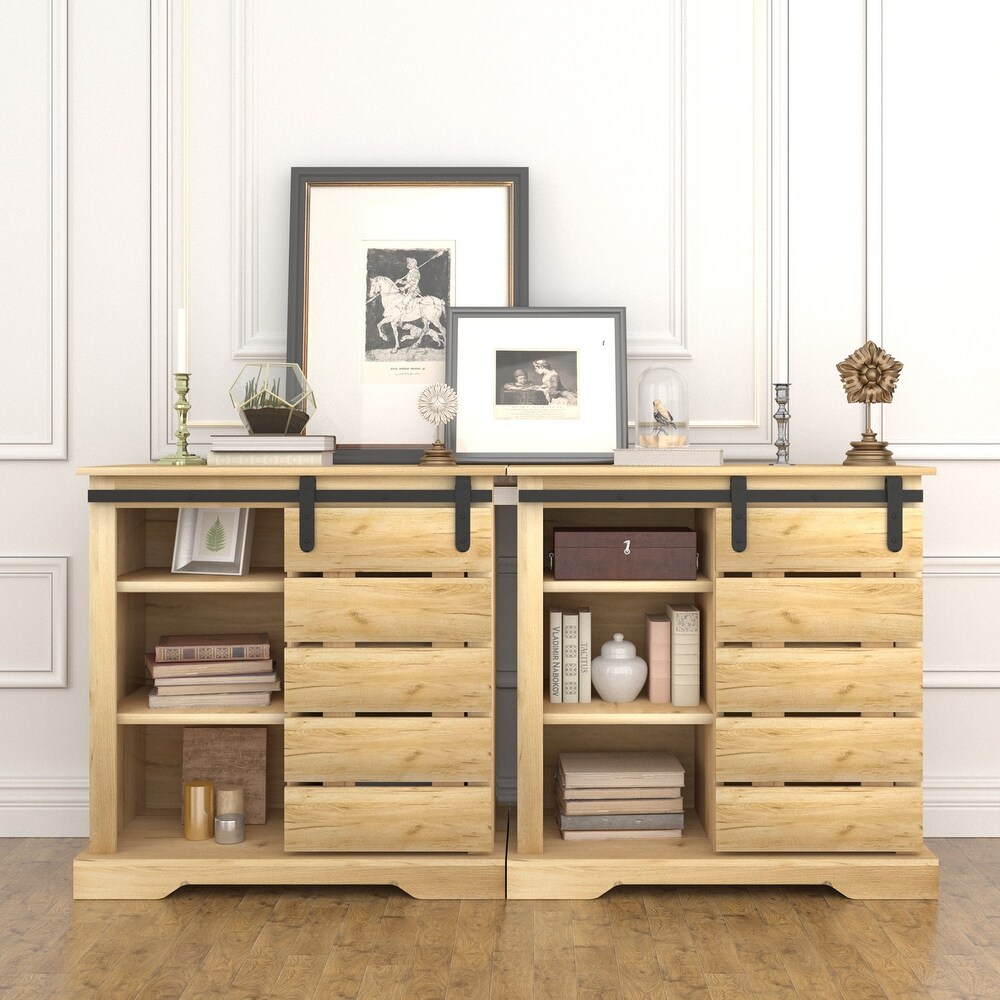 Farmhouse Sliding Barn Door Sideboard Side Cabinet Buffet with Interior Shelves   31.89 x 15.75 x 31.89 inch