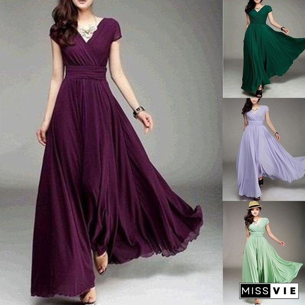 Women's Fashion Bohemian Maxi Dress Evening Dress V-neck