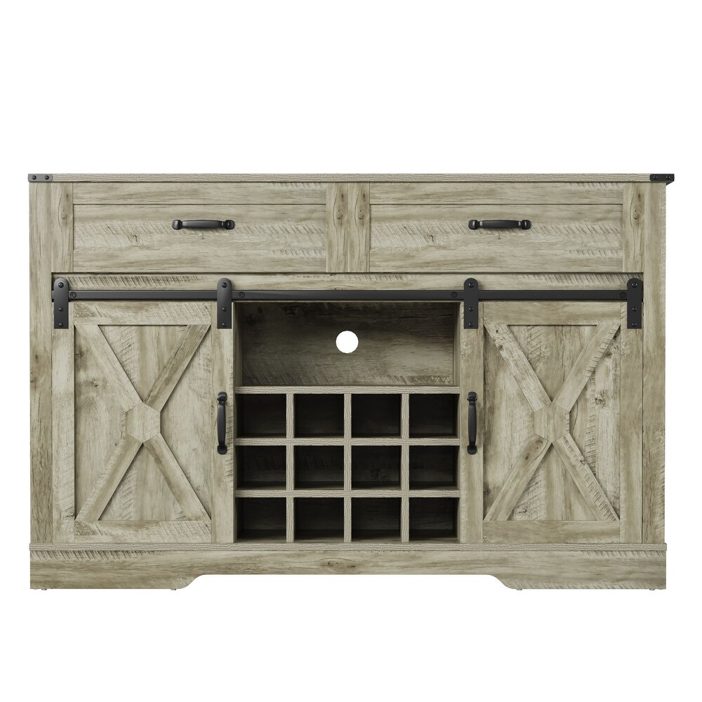 Farmhouse Storage Sideboard Buffet Coffee Bar Cabinet with Sliding Barn Door  3 Drawers  Wine and Glass Rack   Light Gray