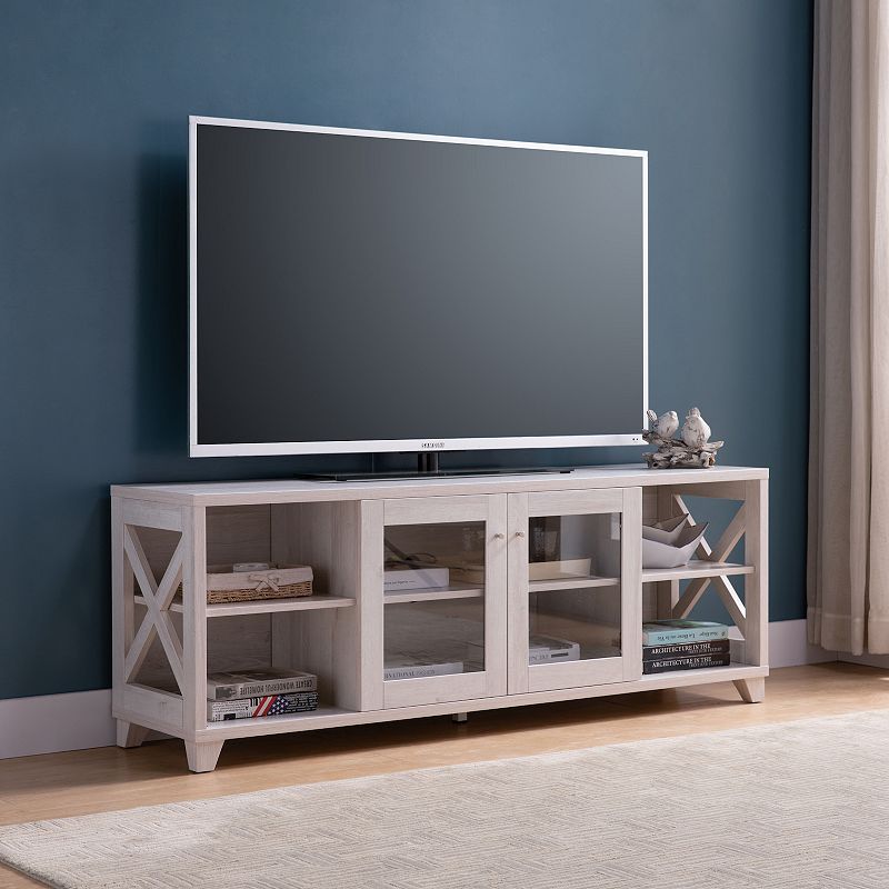 FC Design White Oak TV Stand with 4 Side Shevles and Center Transparent Cabinet