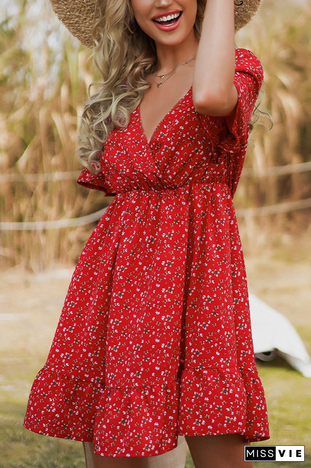 Red V Neck Wrap Floral Mini Dress