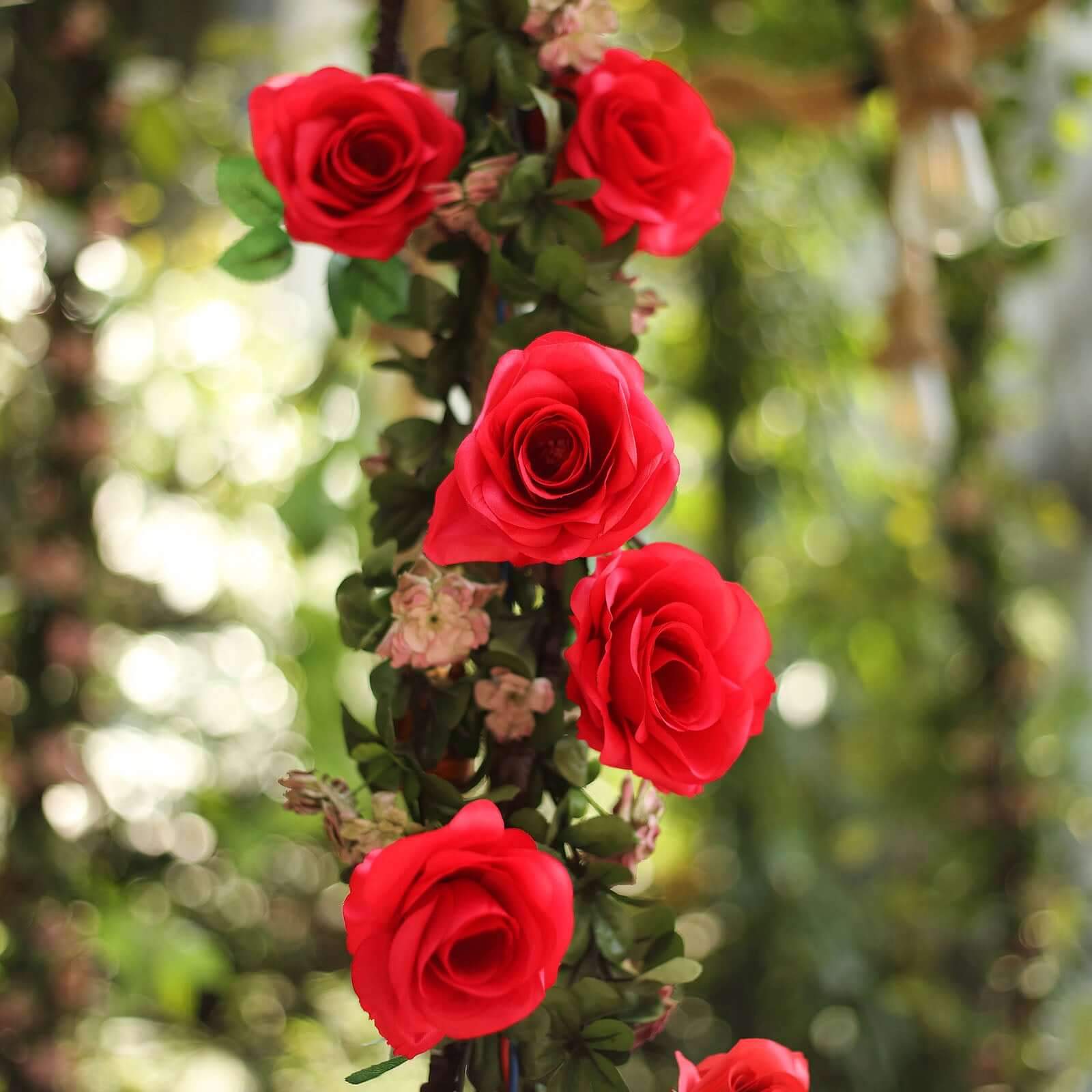 Red Artificial Silk Rose Hanging Flower Garland, Faux Vine 6ft