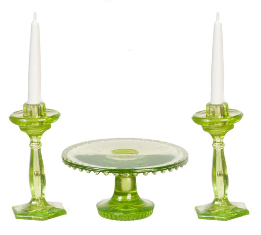 Dolls House Green Cake Stand andamp; Candlesticks Dining Room Accessory