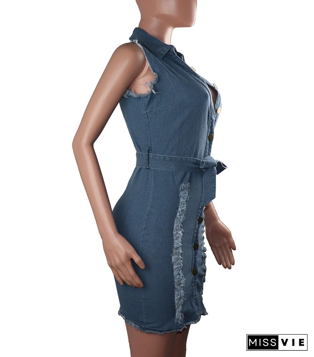 Casual High Street Women Summer Sleeveless Ripped Hole Straight Knee Length Denim Midi Dress