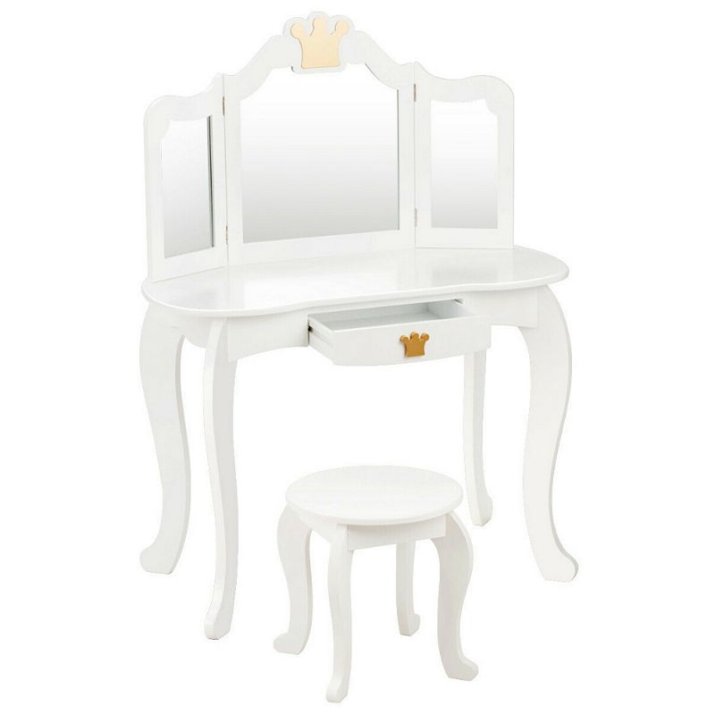 Kids Makeup Dressing Table with Tri-folding Mirror and Stool