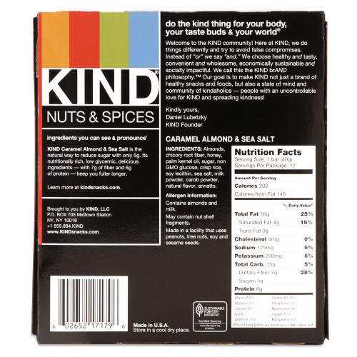 KIND Nuts and Spices Bar， Caramel Almond and Sea Salt， 1.4 oz Bar， 12/Box (18533)