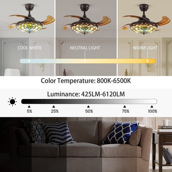 36'' Retractable  Ceiling Fan with Light and Remote Reversible Stained Chandelier Fan with Dimmable LED Light Shopping - The Best Deals on Ceiling Fans | 40911142