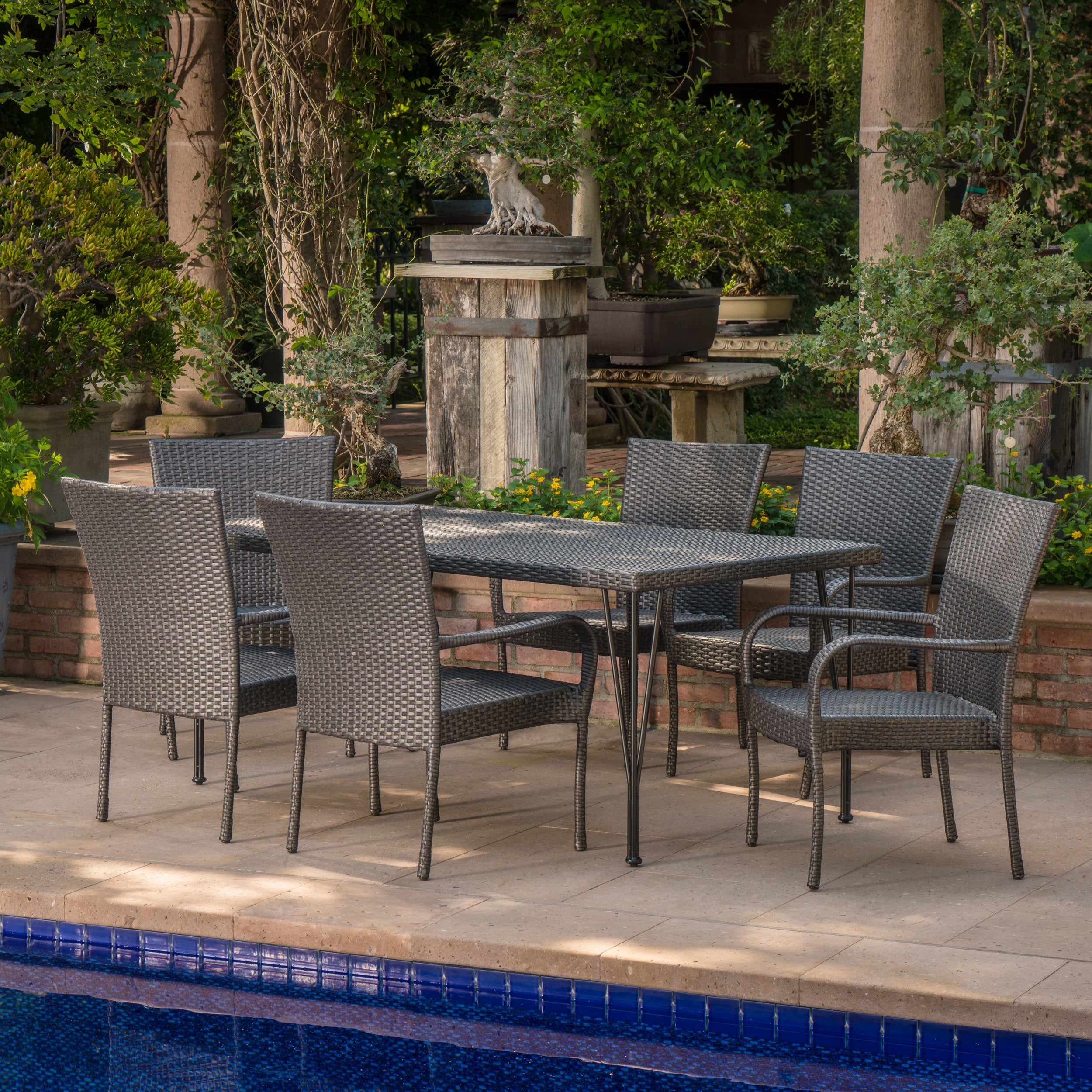 Nash Outdoor 7 Piece Gray Wicker Rectangular Dining Set with Stacking Chairs